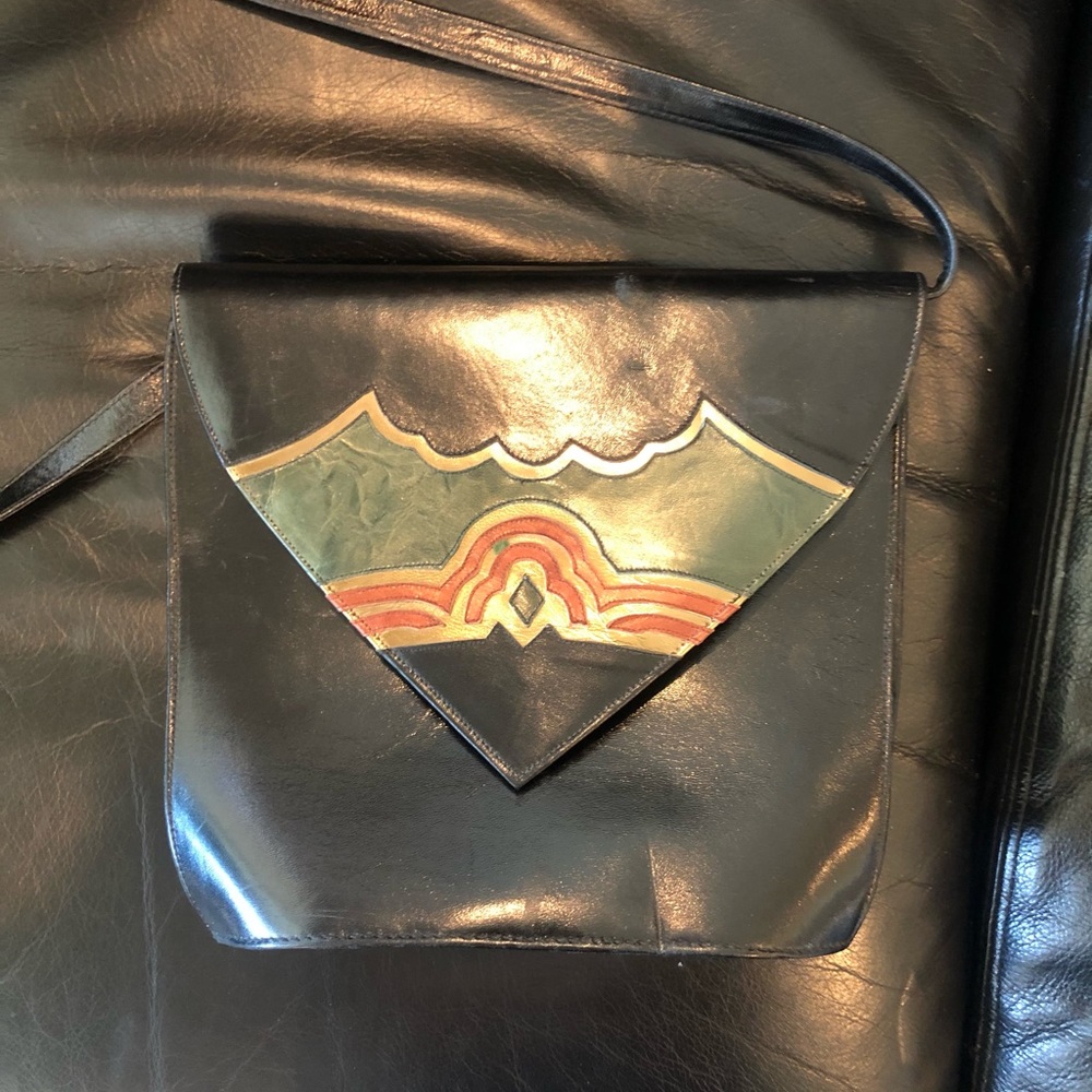 Black Leather shoulder purse. Southwest design.